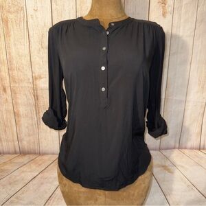LOFT Black Button-Down Henley Top, rayon blouse, roll sleeve, Sz M